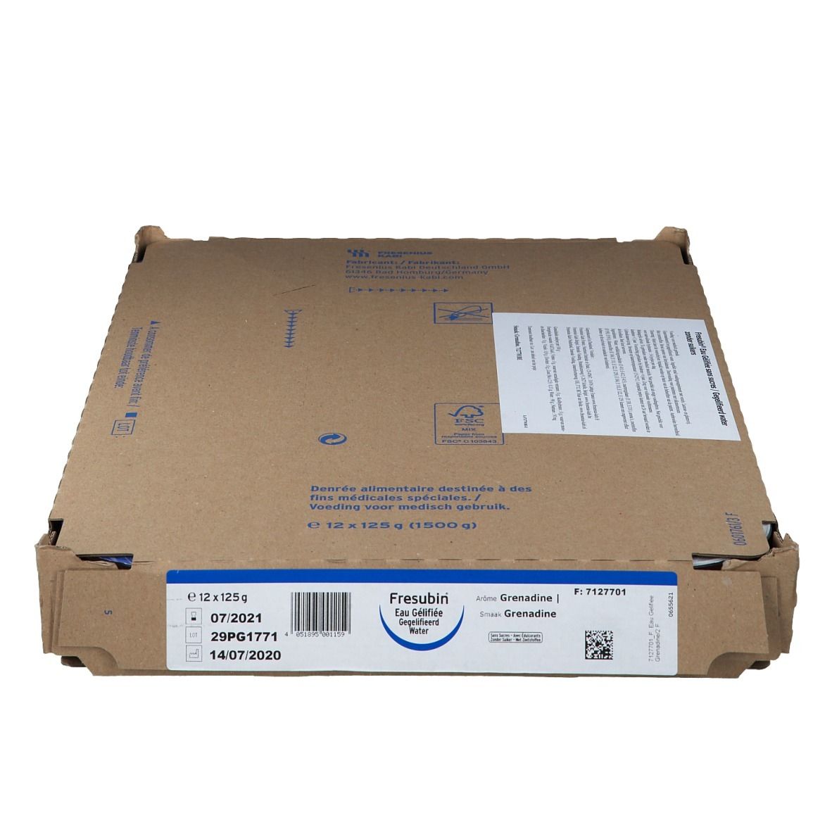Emballage en carton avec informations produit. Inscription: Fresubin Eau Gélifiée Sans Sucre Grenadine. Contient 12 x 125 g.
