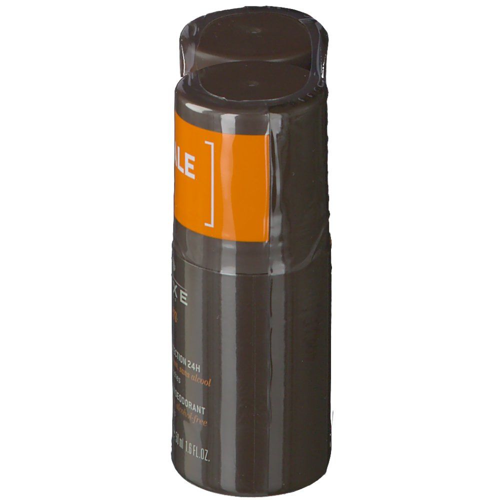 Bruine roll-on deodorant in plasticfolie. Opschrift: Nuxe Men, 24H Protection Deodorant. Oranje sticker.