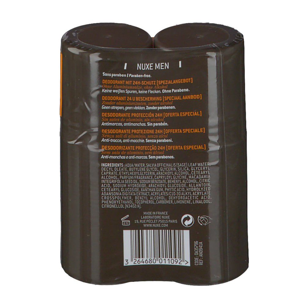 Achterkant van een dubbelverpakking roll-on deodorants. Tekst: Nuxe Men, 24H Protection Deodorant. Ingrediënten en informatie.