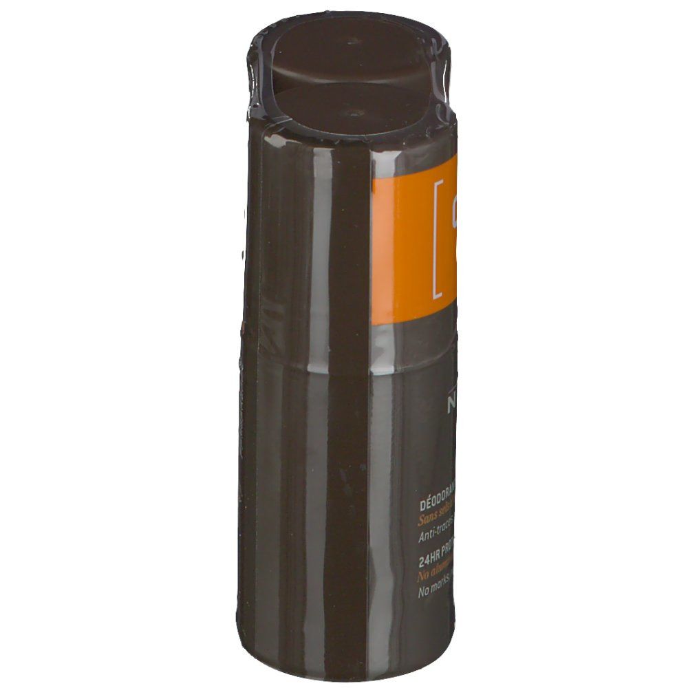 Bruine roll-on deodorant in plasticfolie. Opschrift: Nuxe Men, 24H Protection Deodorant. Oranje sticker.