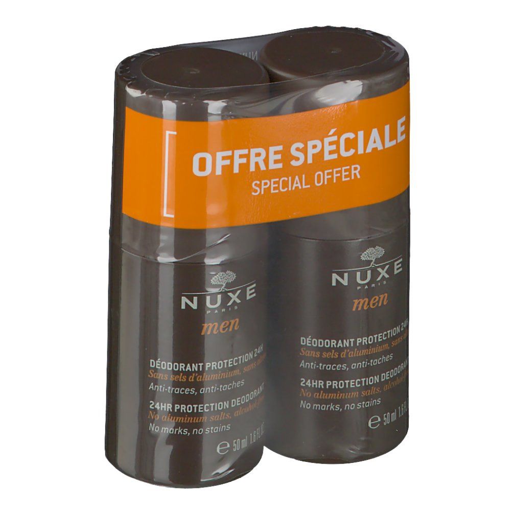 Dubbelverpakking roll-on deodorants. Opschrift: Nuxe Men, 24H Protection Deodorant. Oranje sticker: Offre Spéciale.
