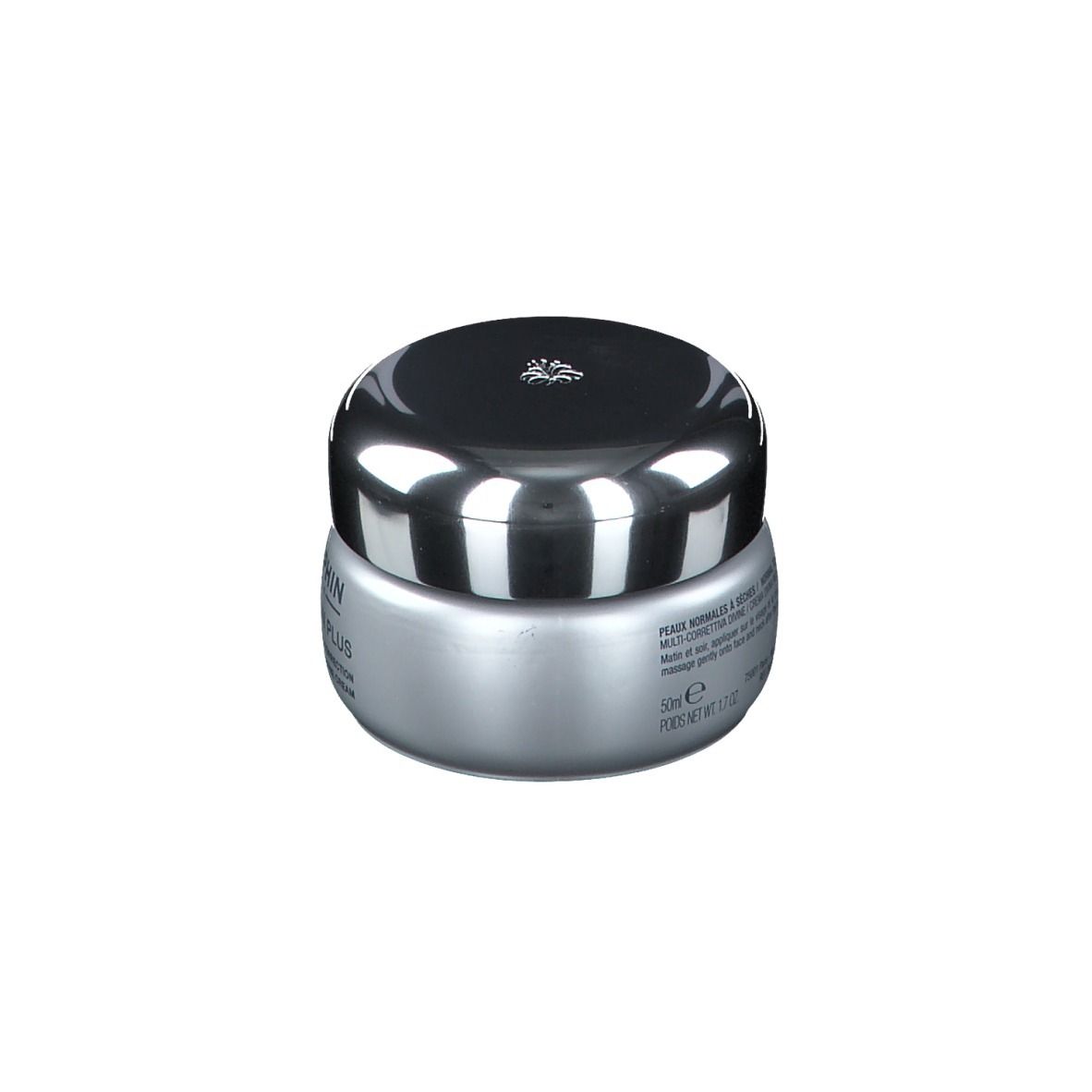 Creme-Tiegel mit silberfarbenem Deckel. Auf dem Tiegel steht "DARPHIN STIMULSKIN PLUS".