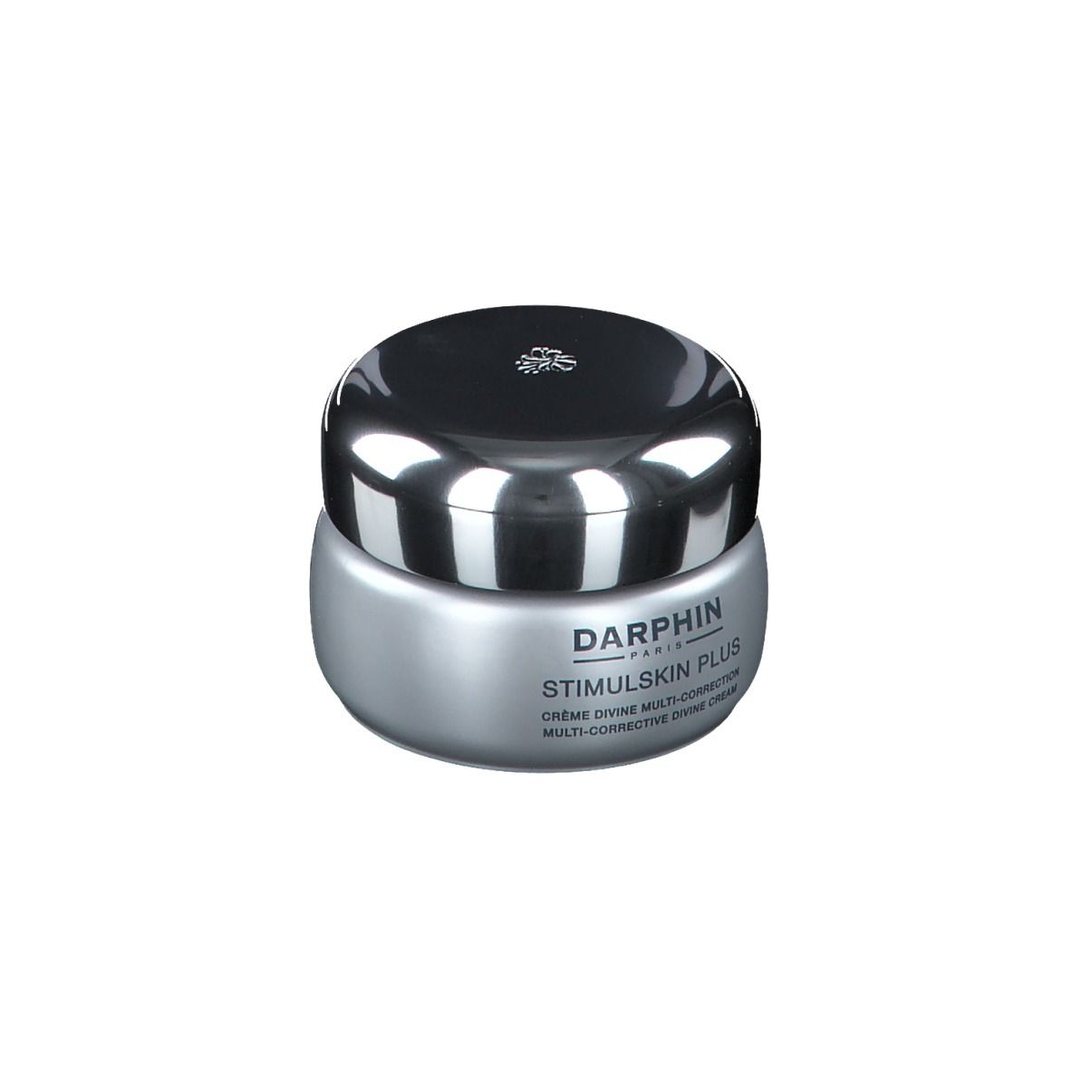 Creme-Tiegel mit silberfarbenem Deckel. Auf dem Tiegel steht "DARPHIN STIMULSKIN PLUS".