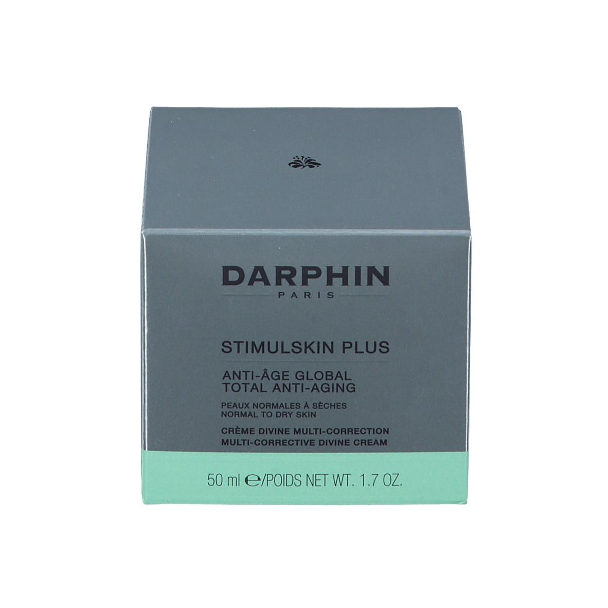 Graue Schachtel mit grüner Unterseite. Auf der Schachtel steht "DARPHIN STIMULSKIN PLUS".