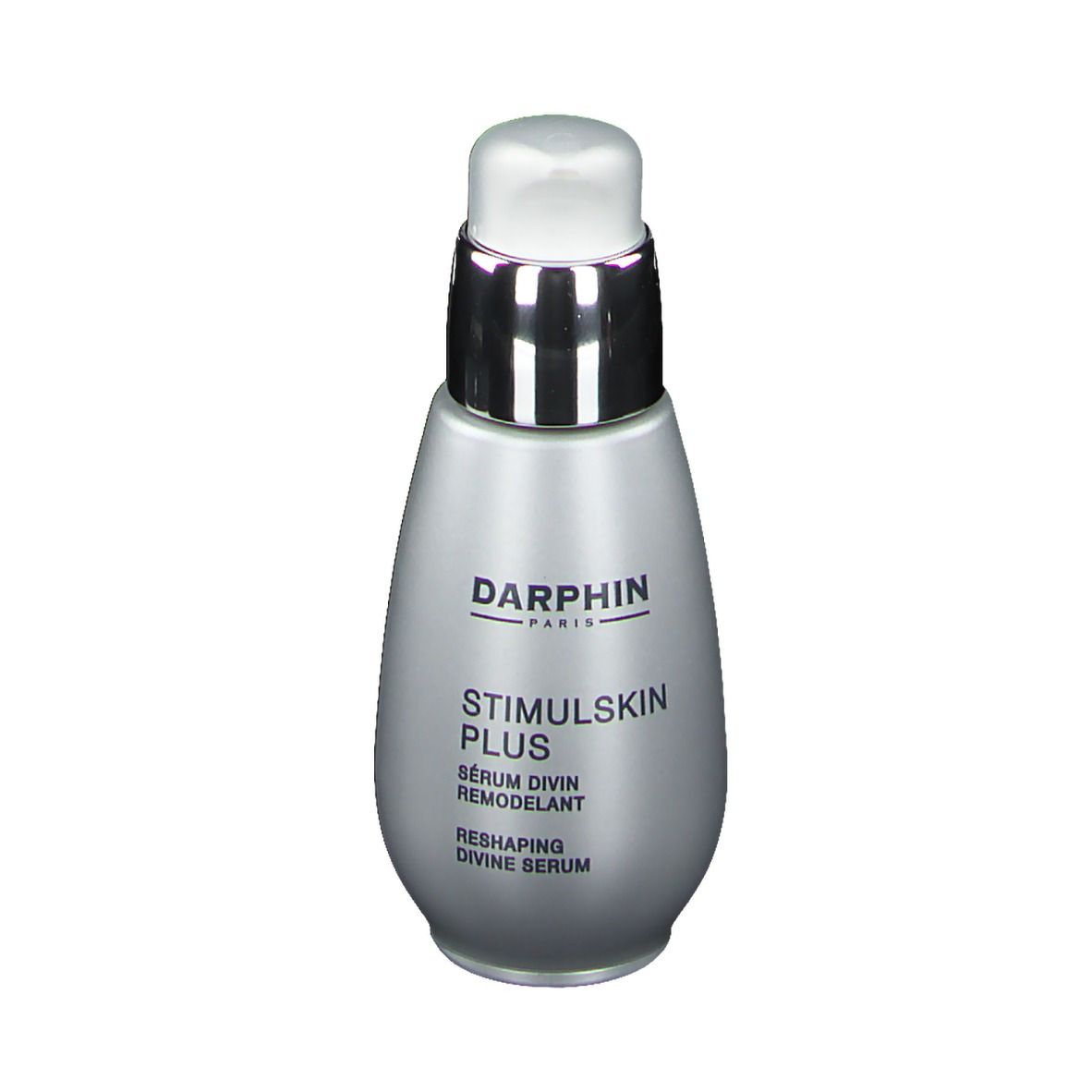 Silberne Flasche mit Pumpe. Beschriftung: Darphin, STIMULSKIN PLUS, Sérum Divin Remodelant, Reshaping Divine Serum.