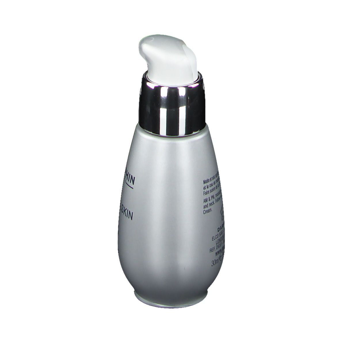 Silberne Flasche mit Pumpe. Aufschrift: Darphin. Text auf der Rückseite. 30ml/1 fl.oz.liq.