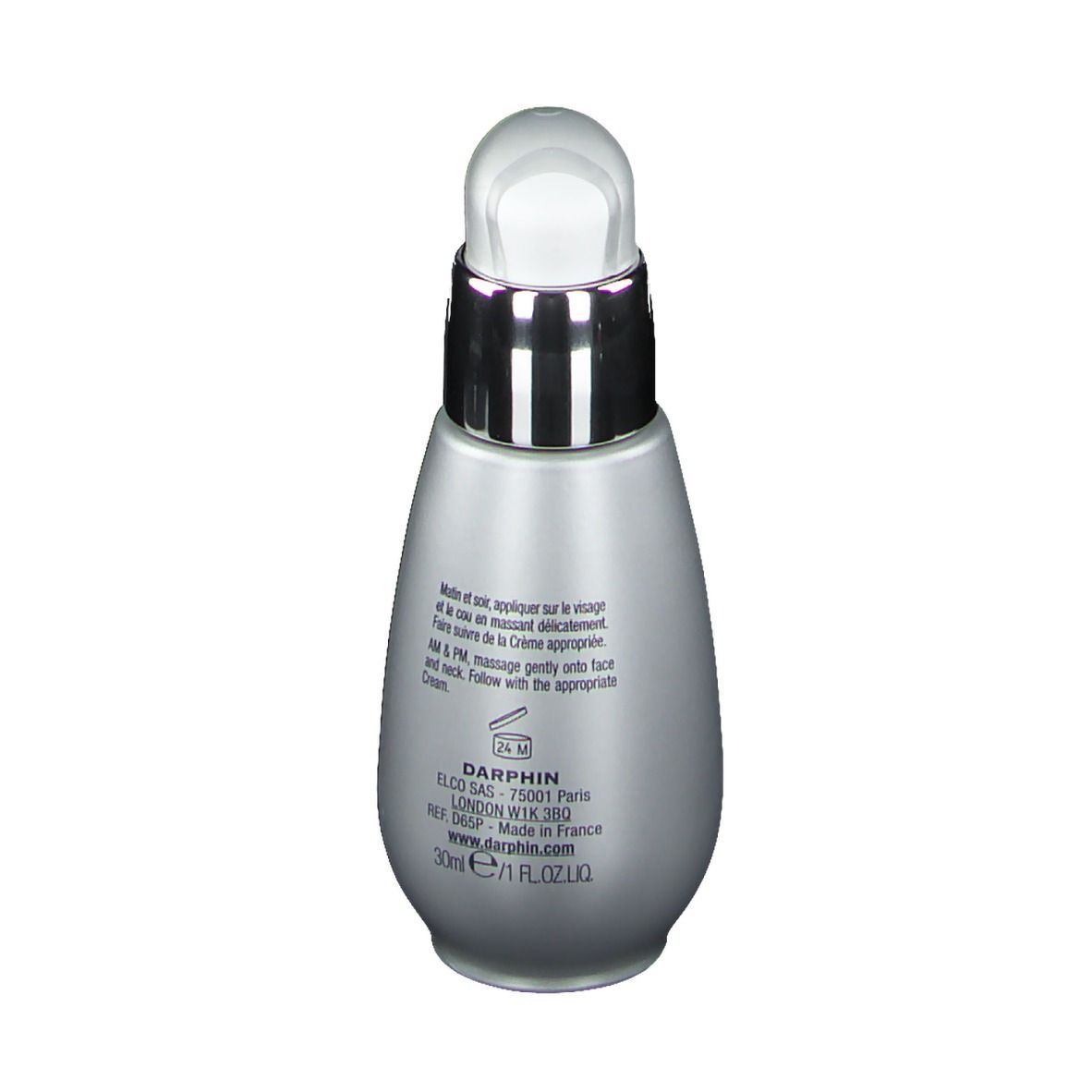 Silberne Flasche mit Pumpe. Text auf der Rückseite. 30ml/1 fl.oz.liq. Hergestellt in Frankreich.