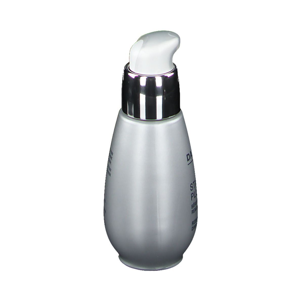 Silberne Flasche mit Pumpe. Aufschrift: Darphin. Text auf der Rückseite.