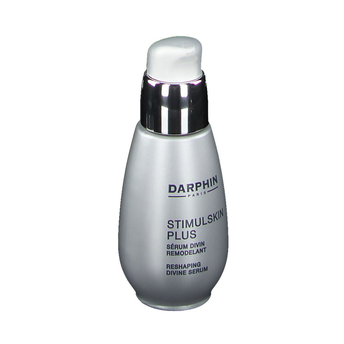 Silberne Flasche mit Pumpe. Beschriftung: Darphin, STIMULSKIN PLUS, Sérum Divin Remodelant, Reshaping Divine Serum.