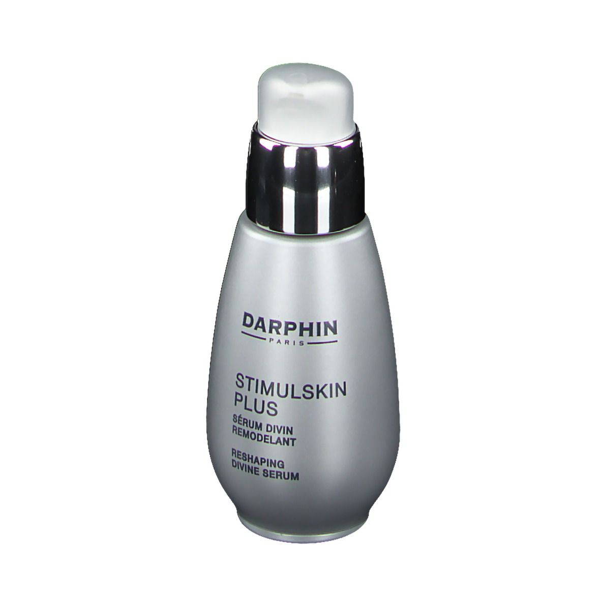 Silberne Flasche mit Pumpe. Beschriftung: Darphin, STIMULSKIN PLUS, Sérum Divin Remodelant, Reshaping Divine Serum.