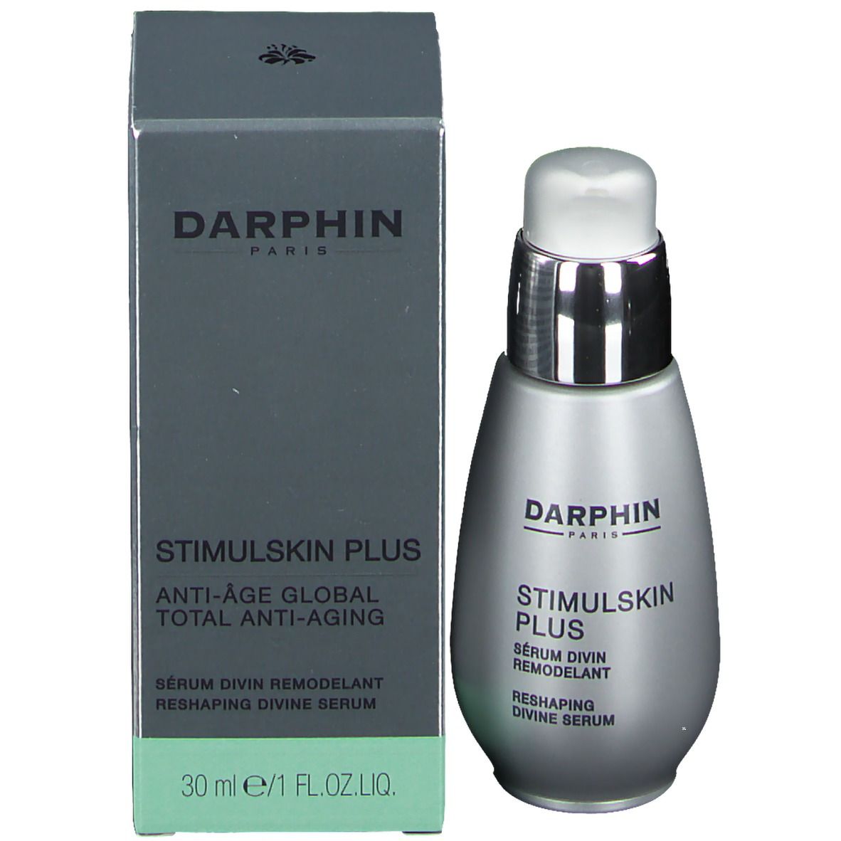 Produkt mit Verpackung. Flasche und Schachtel. Beschriftung: Darphin, STIMULSKIN PLUS, Anti-Age Global Total Anti-Aging.