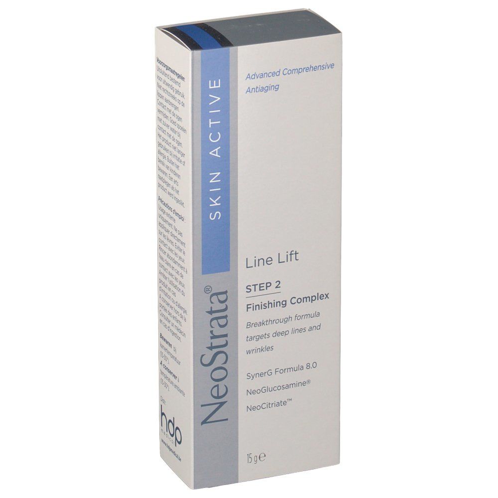 Emballage Neostrata Skin Active Line Lift Step 2. Blanc, lettrage bleu et gris. Texte: Skin Active, Line Lift, Finishing Complex.