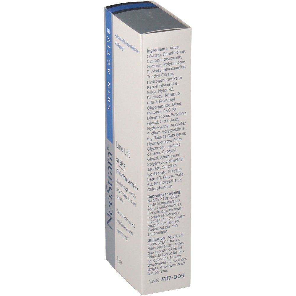 Vue latérale de l'emballage Neostrata Skin Active Line Lift Step 2. Contient ingrédients et mode d'emploi multilingue.