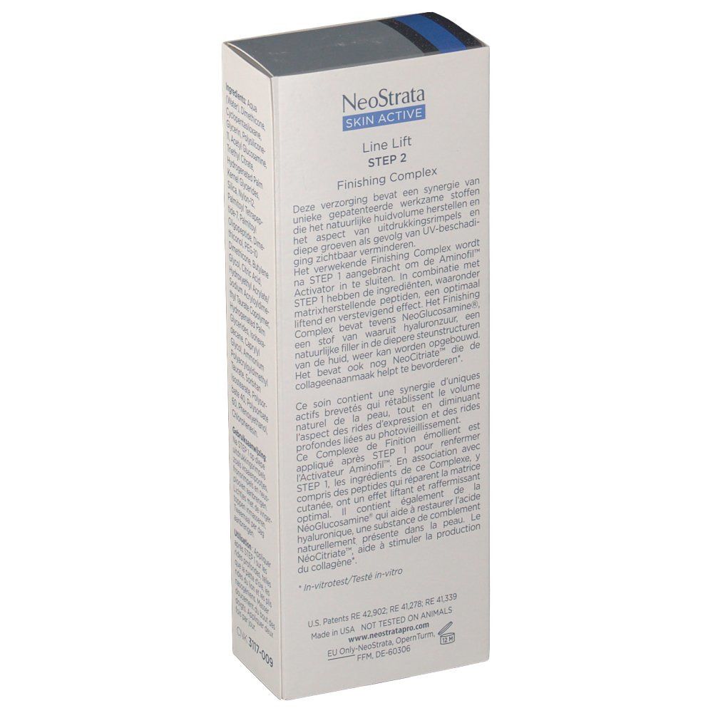 Dos de l'emballage Neostrata Skin Active Line Lift Step 2. Texte multilingue, description du produit.
