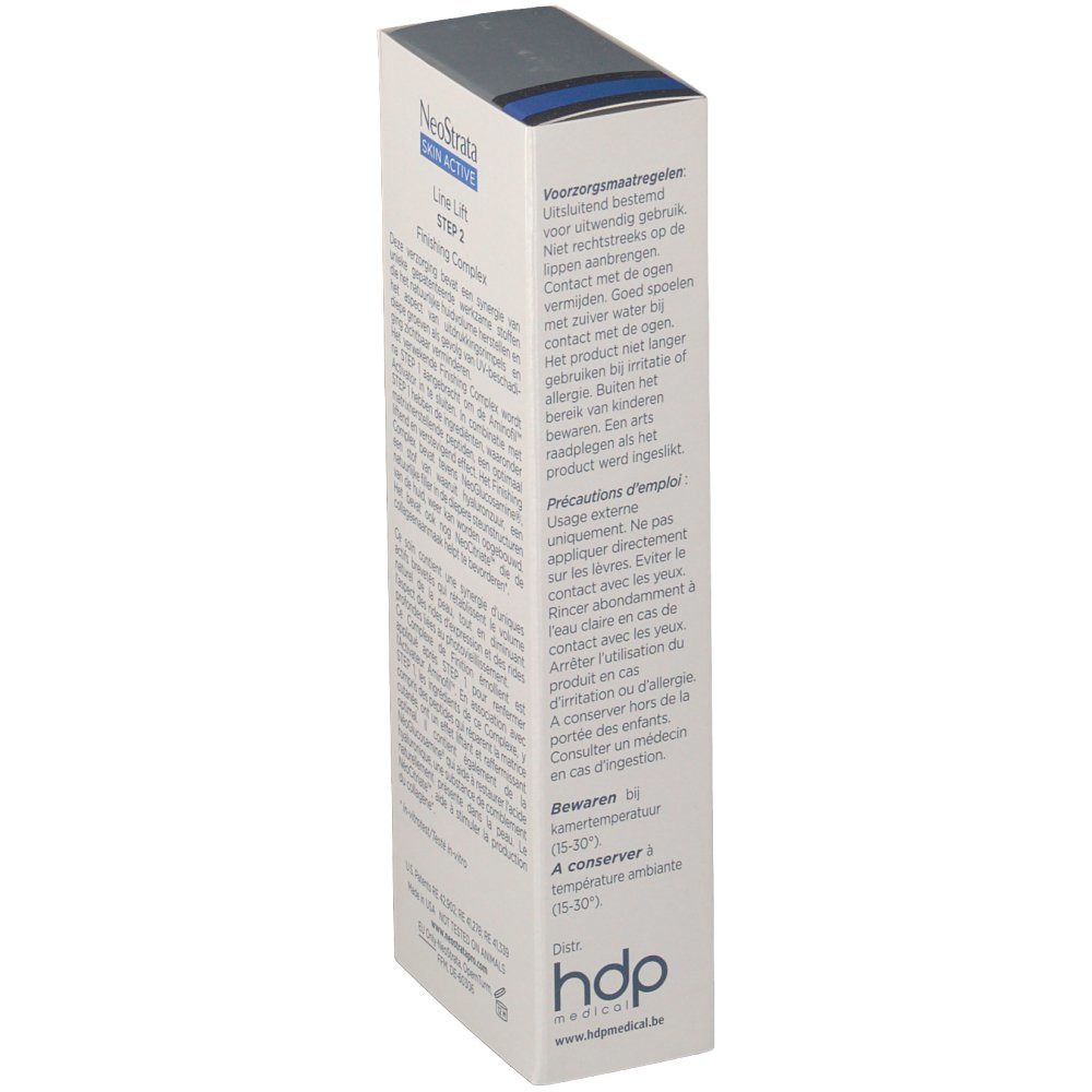 Emballage Neostrata Skin Active Line Lift Step 2. Contient précautions et instructions de stockage multilingues.