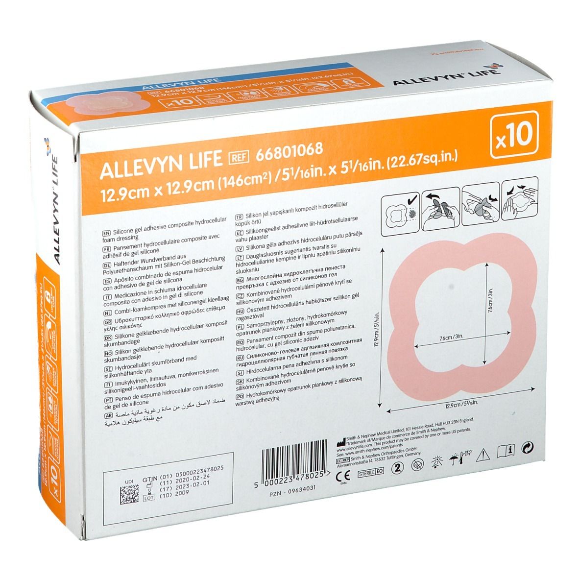 Rückseite der Allevyn Life Verpackung. Zeigt Produktinformationen und ein Pflaster, 12,9 x 12,9 cm. 10 Stück.