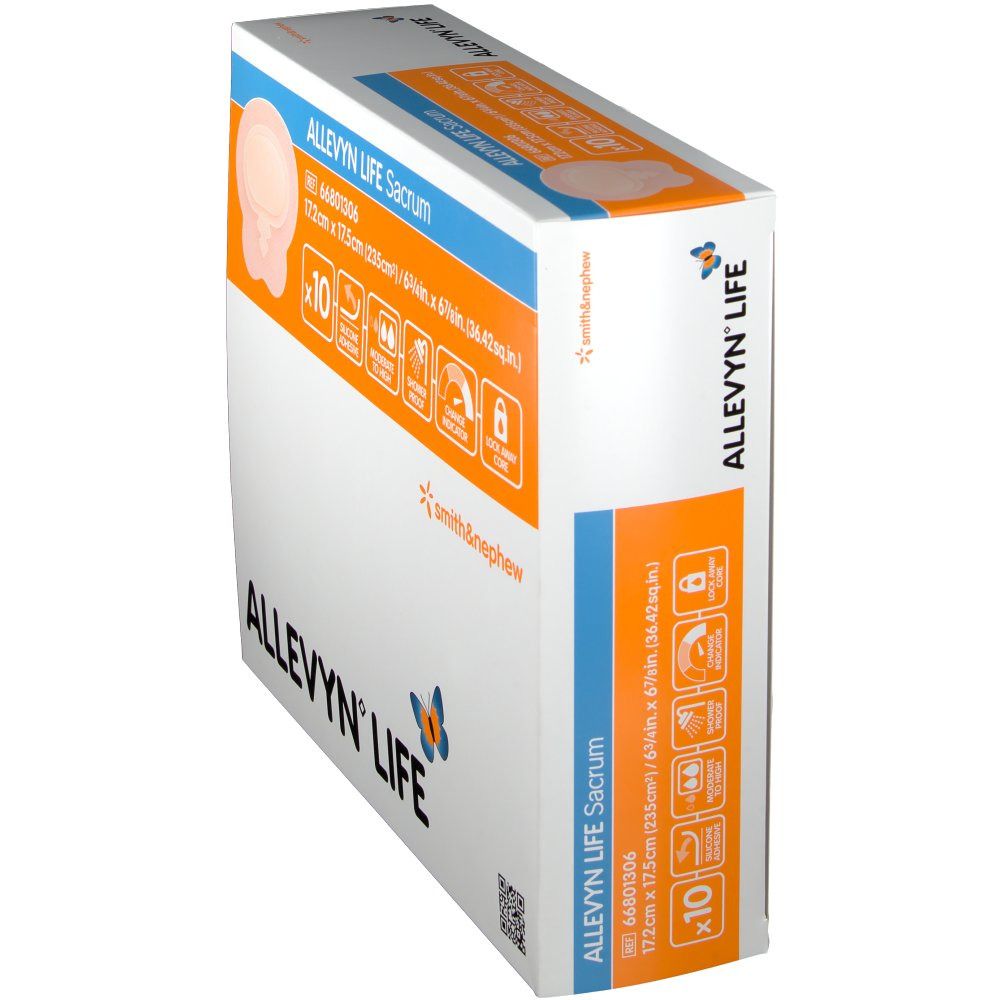 ALLEVYN LIFE Sacrum Verpackung, schräg. Zeigt Produktabbildung, Größenangaben und Eigenschaften. Marke Smith & Nephew.