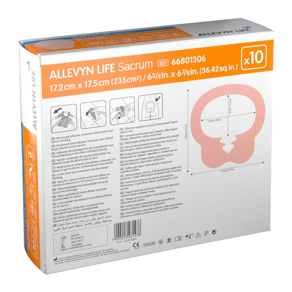 Rückseite der ALLEVYN LIFE Sacrum Verpackung. Zeigt Produktabbildung, Größenangaben, Anwendungshinweise und CE-Kennzeichnung.
