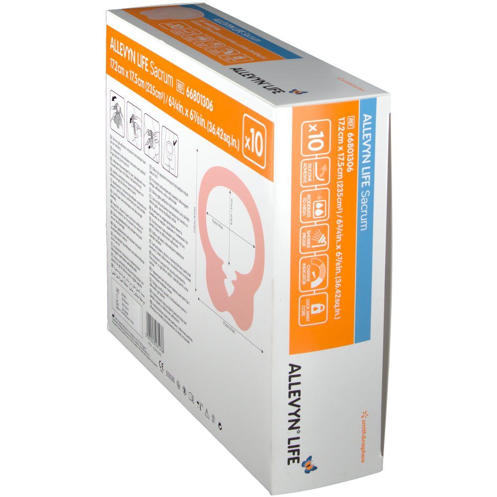 ALLEVYN LIFE Sacrum Verpackung, schräg. Zeigt Produktabbildung, Größenangaben und Anwendungshinweise.