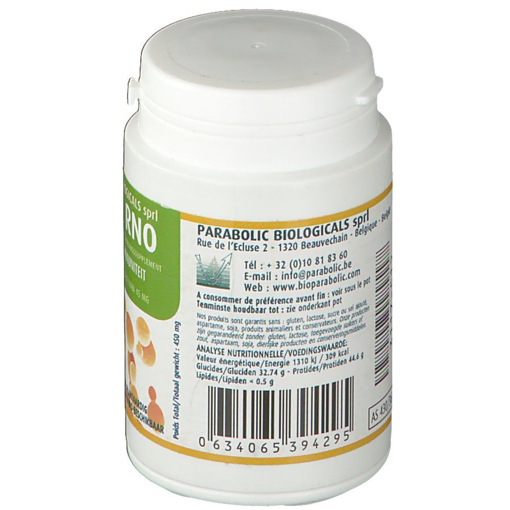 Achterkant van de witte pot. Barcode en tekst. Voedingswaarde en ingrediënten. Adres van de fabrikant.