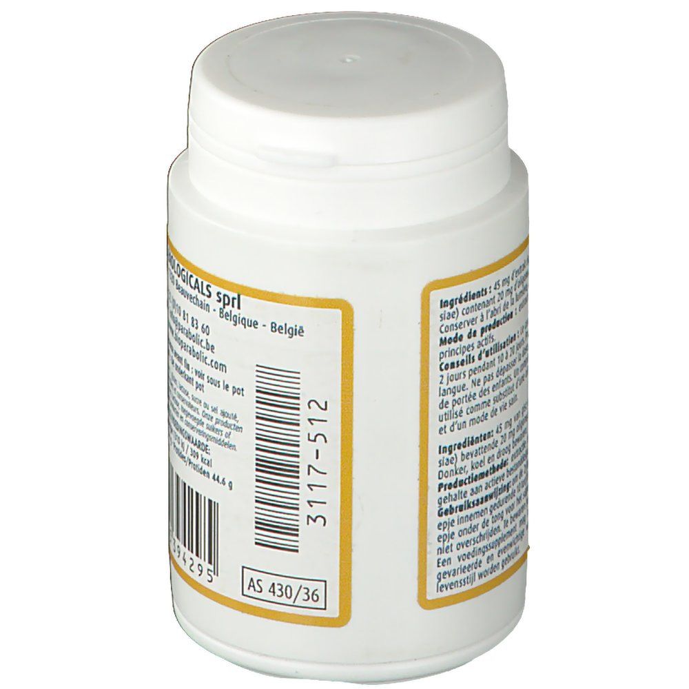 Witte pot, achterkant. Barcode en tekst. Opdruk: AS 430/36. Fabrikantinformatie.