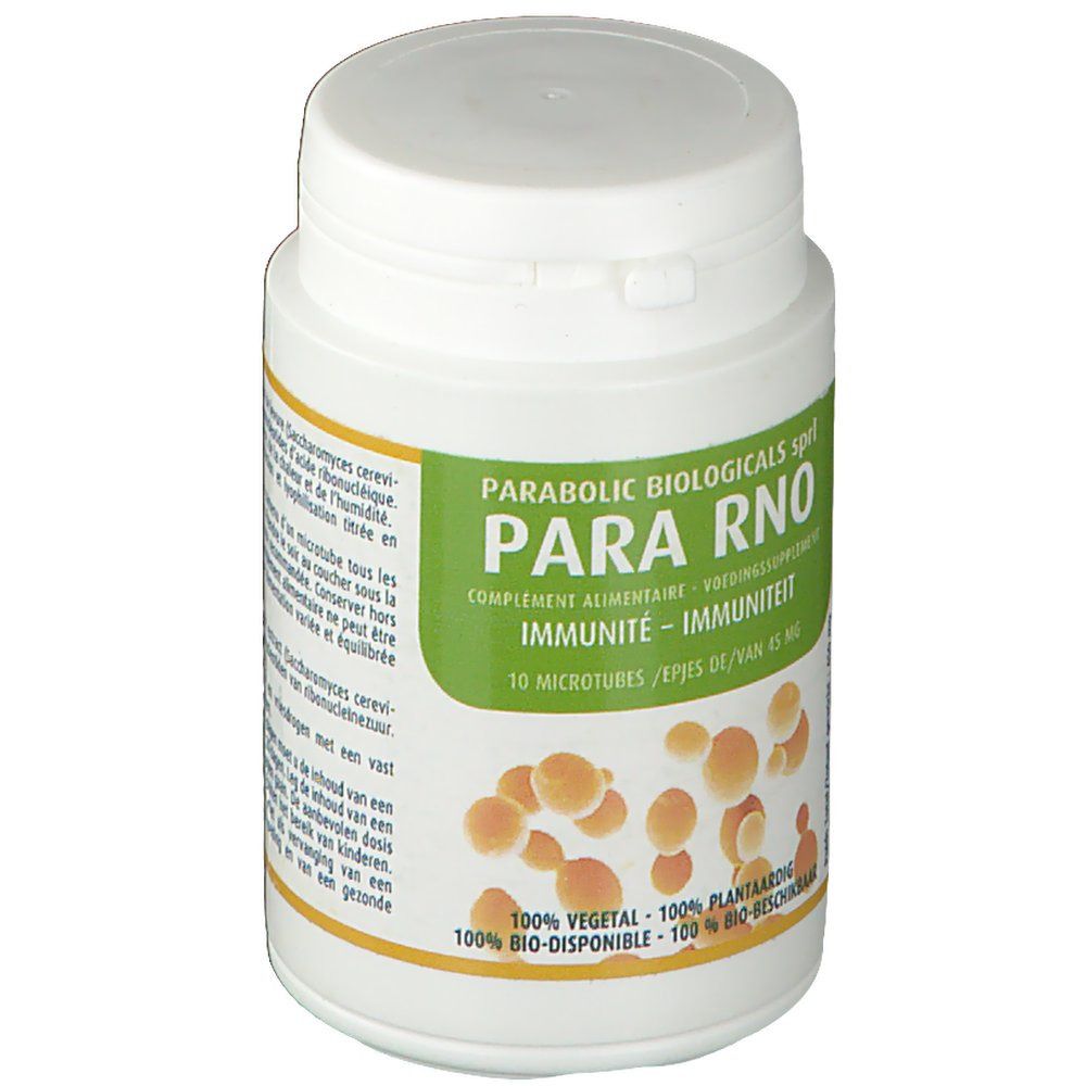 Witte pot met deksel. Opschrift: Para RNO, voedingssupplement. 10 micro-tubes. 100% plantaardig.