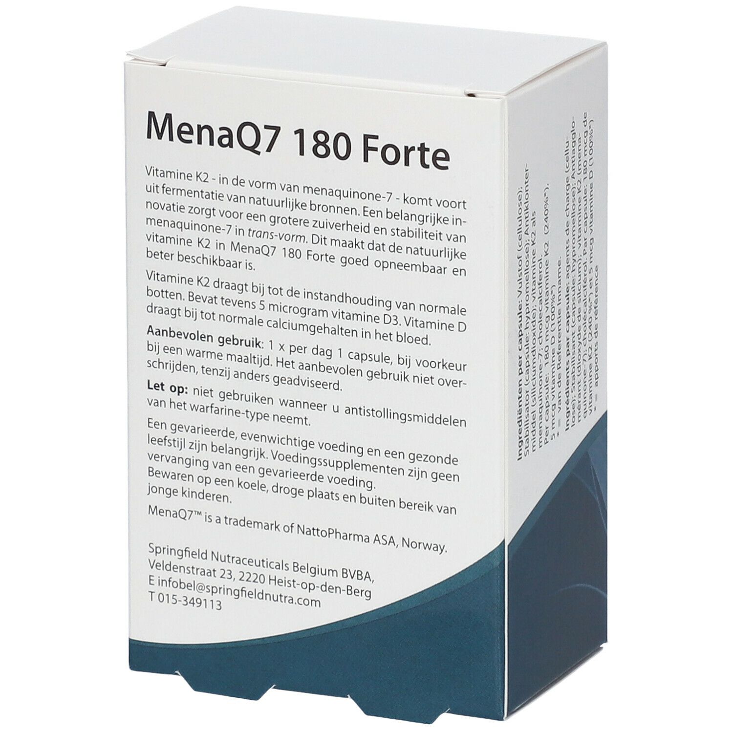 Boîte blanche, dos. Texte: MenaQ7 180 Forte. Informations sur la vitamine K2. Fabricant: Springfield Nutraceuticals.