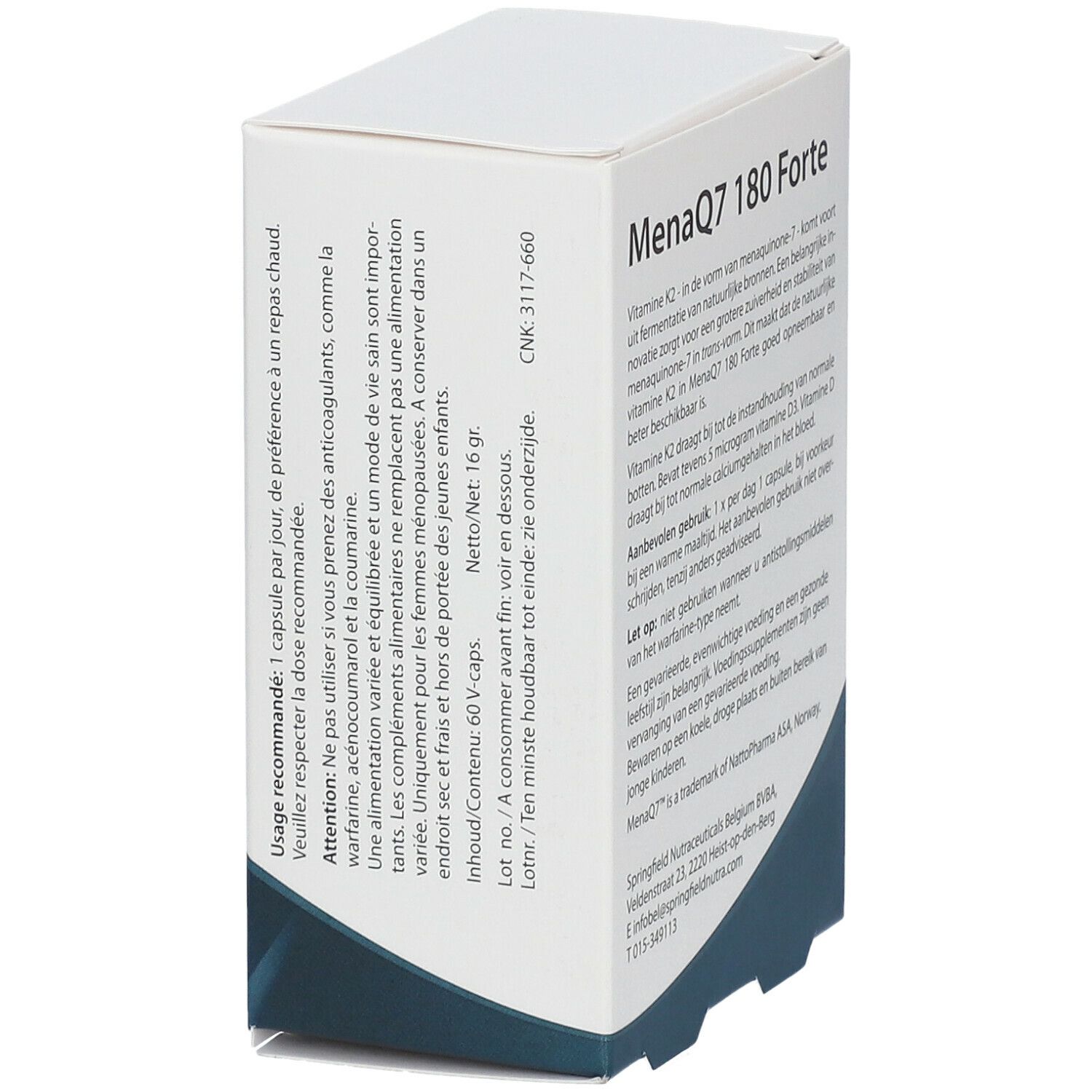 Boîte blanche, dos. Texte: MenaQ7 180 Forte. Mode d'emploi. Informations fabricant.