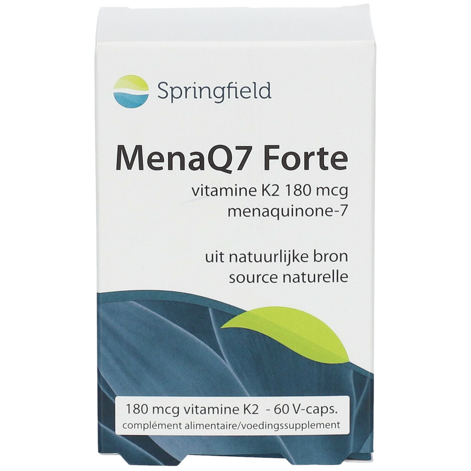 Boîte blanche avec informations produit. Inscription: MenaQ7 Forte, vitamine K2, 180 mcg. Logo: Springfield.