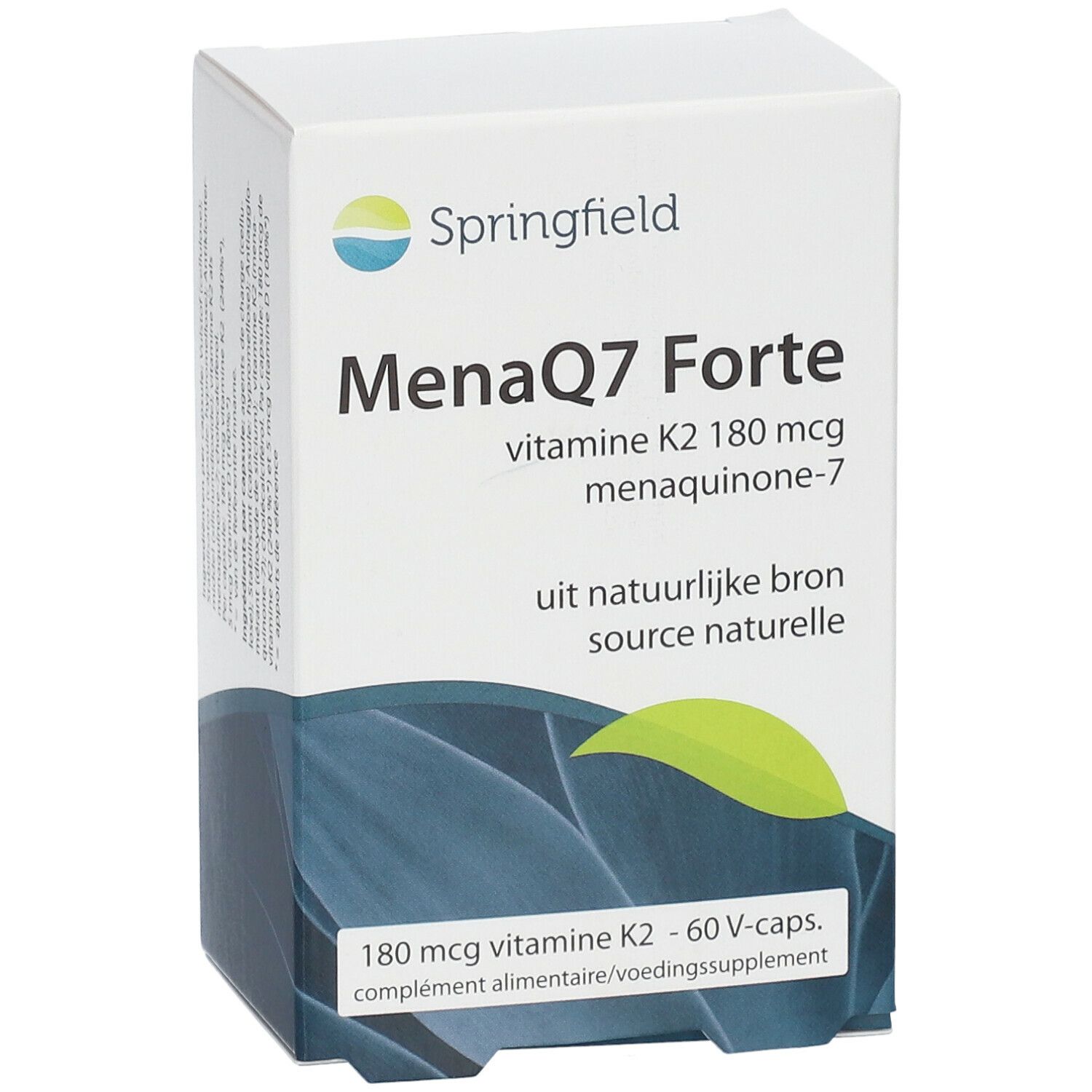Boîte blanche avec informations produit. Inscription: MenaQ7 Forte, vitamine K2, 180 mcg. Logo: Springfield.