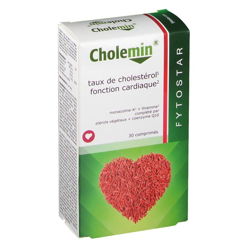 Doosje "Cholemin" met logo en tekst. Rood hart-ontwerp. "Fytostar" logo. 30 tabletten.
