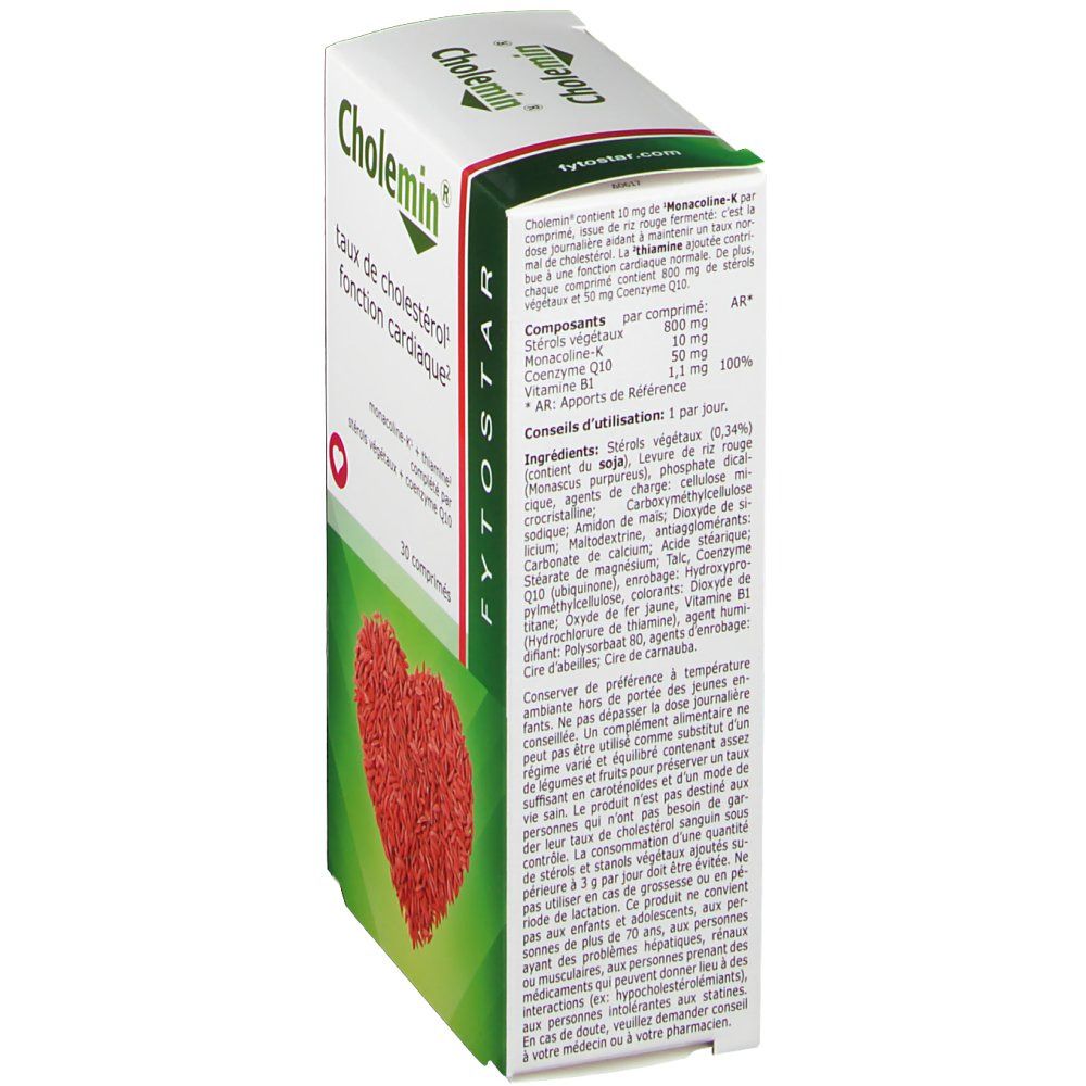 Zijaanzicht van de "Cholemin" verpakking. Tekst over ingrediënten en gebruik. "Fytostar" logo.