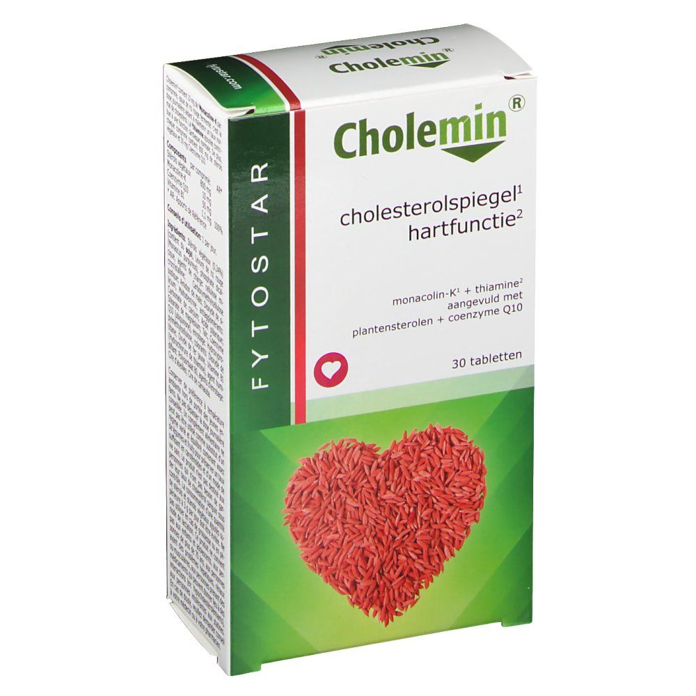 Doosje "Cholemin". Tekst over cholesterolspiegel en hartfunctie. Rood hart. "Fytostar" logo. 30 tabletten.