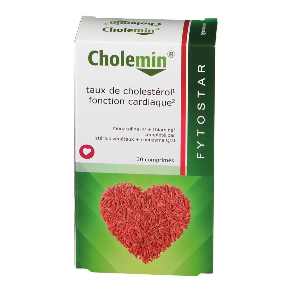 Doosje "Cholemin". Tekst over cholesterol en hartfunctie. Rood hart. "Fytostar" logo. 30 tabletten.