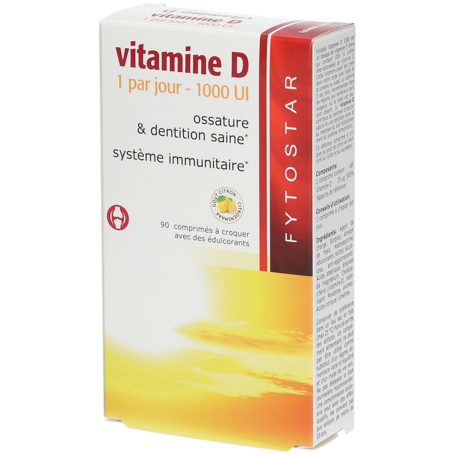 Fytostar Vitamine D 1000 IE doos. Tekst: Vitamine D, 1 per dag - 1000 UI. 90 kauwtabletten. Citroen-logo. Gele achtergrond.