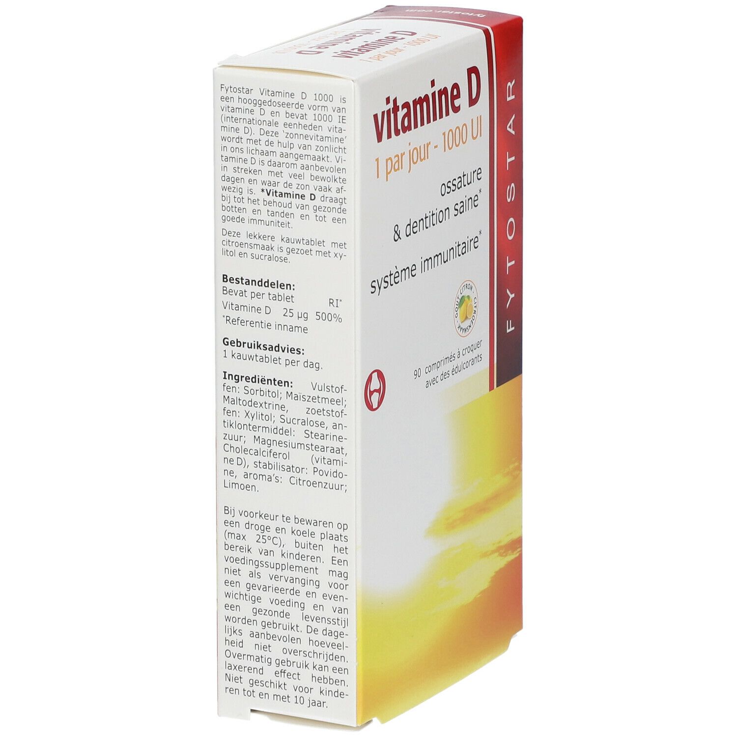 Fytostar Vitamine D 1000 IE doos. Tekst in het Nederlands. Ingrediënten en info. 90 kauwtabletten. Citroen-logo. Gele achtergrond.