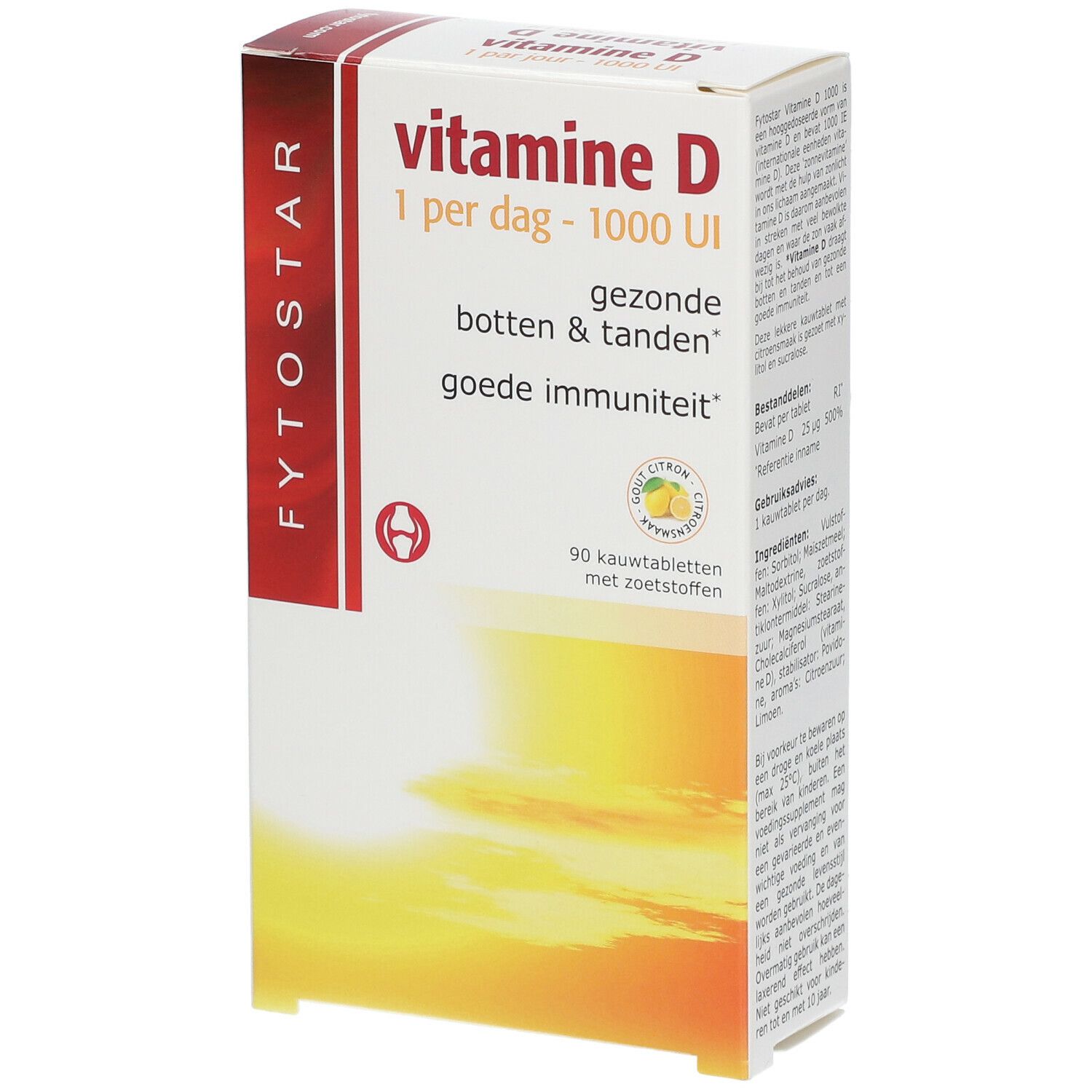 Fytostar Vitamine D 1000 IE doos. Tekst: Vitamine D, 1 per dag - 1000 UI. 90 kauwtabletten. Citroen-logo. Gele achtergrond.