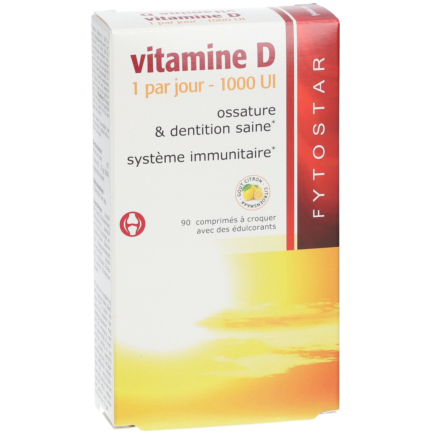 Fytostar Vitamine D 1000 IE doos. Tekst: Vitamine D, 1 per dag - 1000 UI. 90 kauwtabletten. Citroen-logo. Gele achtergrond.