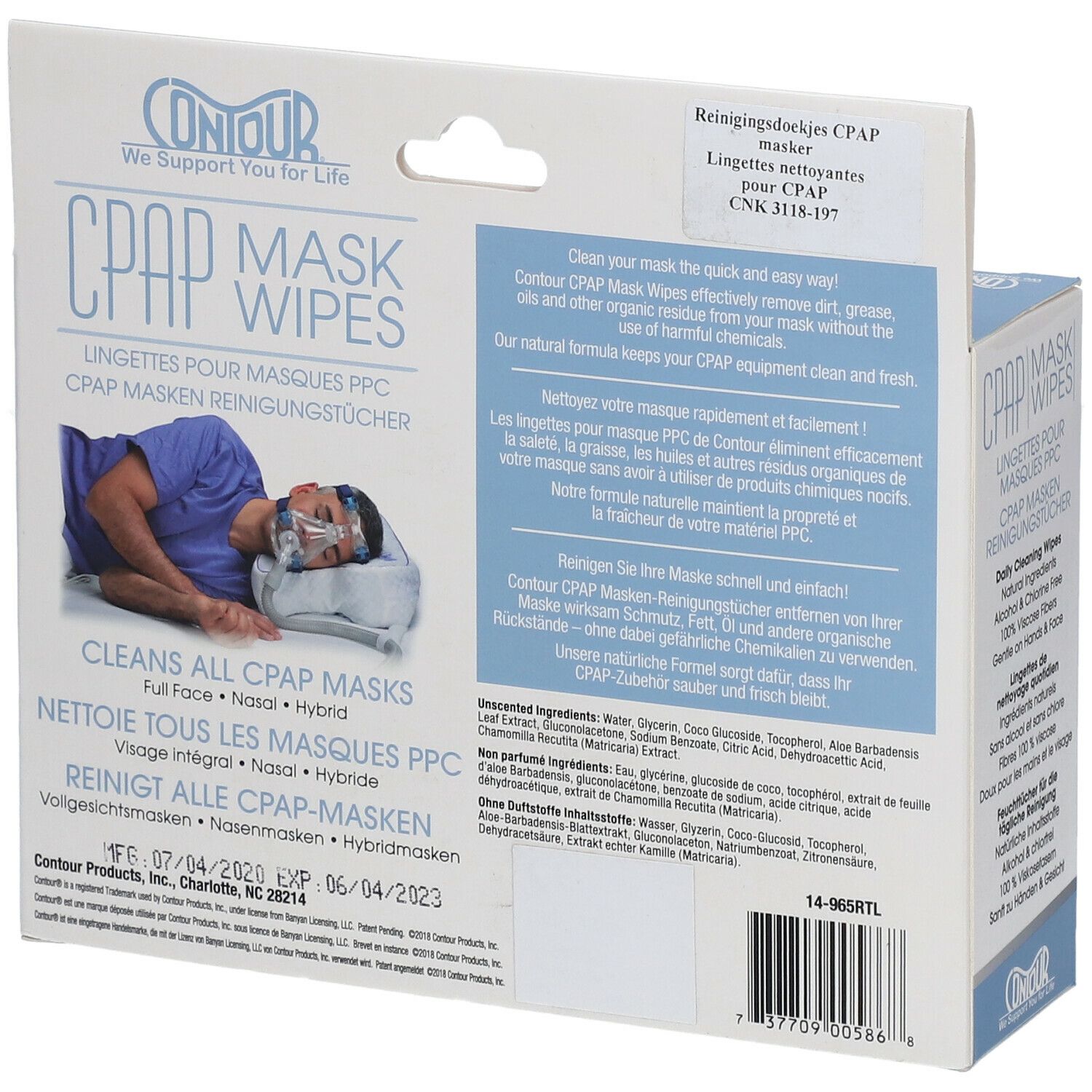 Rückseite der Box mit CPAP Masken Reinigungstücher. Text: "CLEANS ALL CPAP MASKS". Inhaltsstoffe und Verfallsdatum.