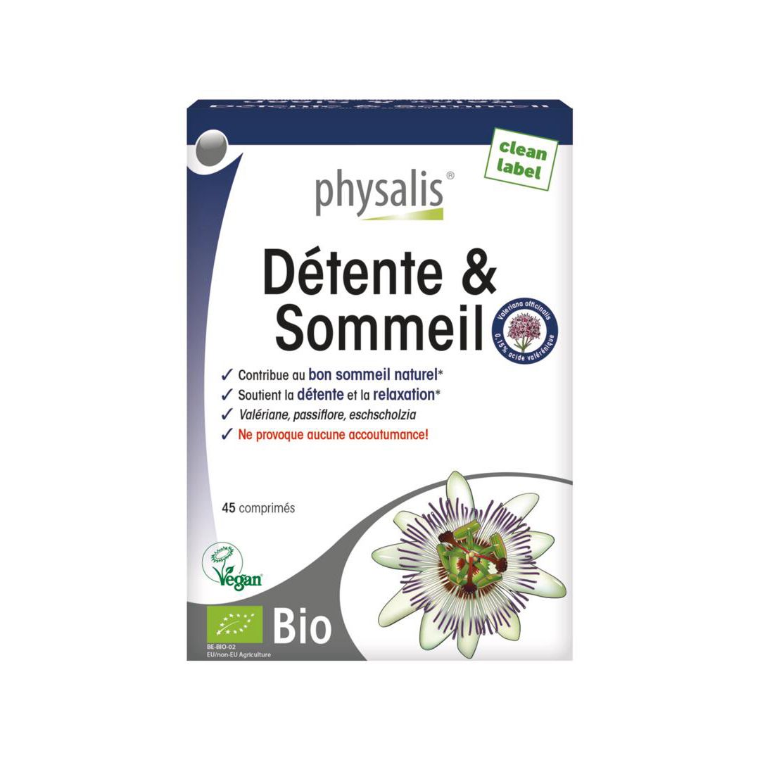 Boîte "Détente & Sommeil". Contient 45 comprimés. Logos Bio et Vegan. Ingrédients : valériane, passiflore, eschscholtzia. Marque Physalis.