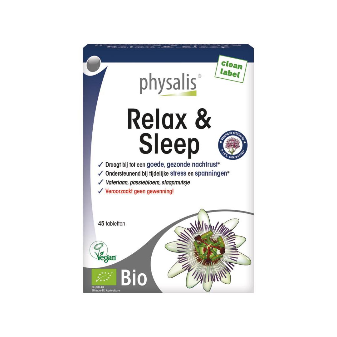 Doosje "Relax & Sleep" met 45 tabletten. Bio en Vegan logo's. Merk Physalis.