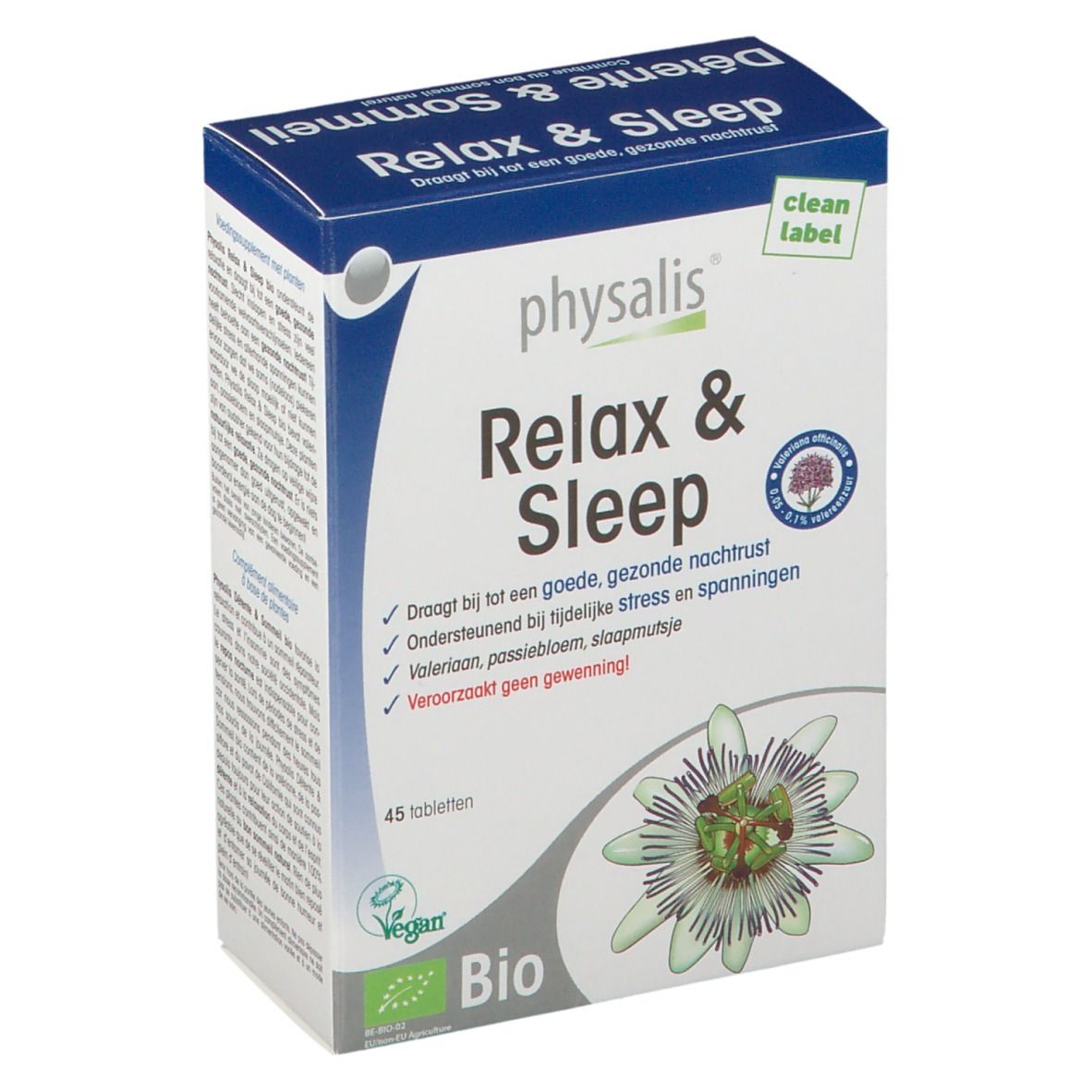 Boîte "Relax & Sleep" en néerlandais. Contient 45 comprimés. Logos Bio et Vegan. Marque Physalis.