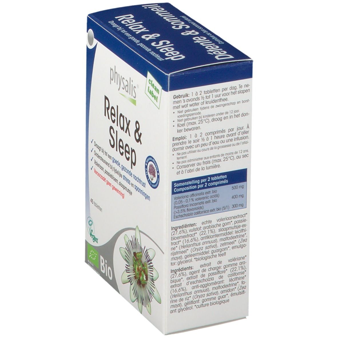 Boîte "Relax & Sleep" en néerlandais. Contient 45 comprimés. Logos Bio et Vegan. Marque Physalis.