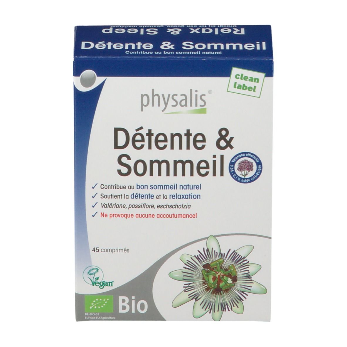 Boîte "Détente & Sommeil". Contient 45 comprimés. Logos Bio et Vegan. Ingrédients : valériane, passiflore, eschscholtzia. Marque Physalis.