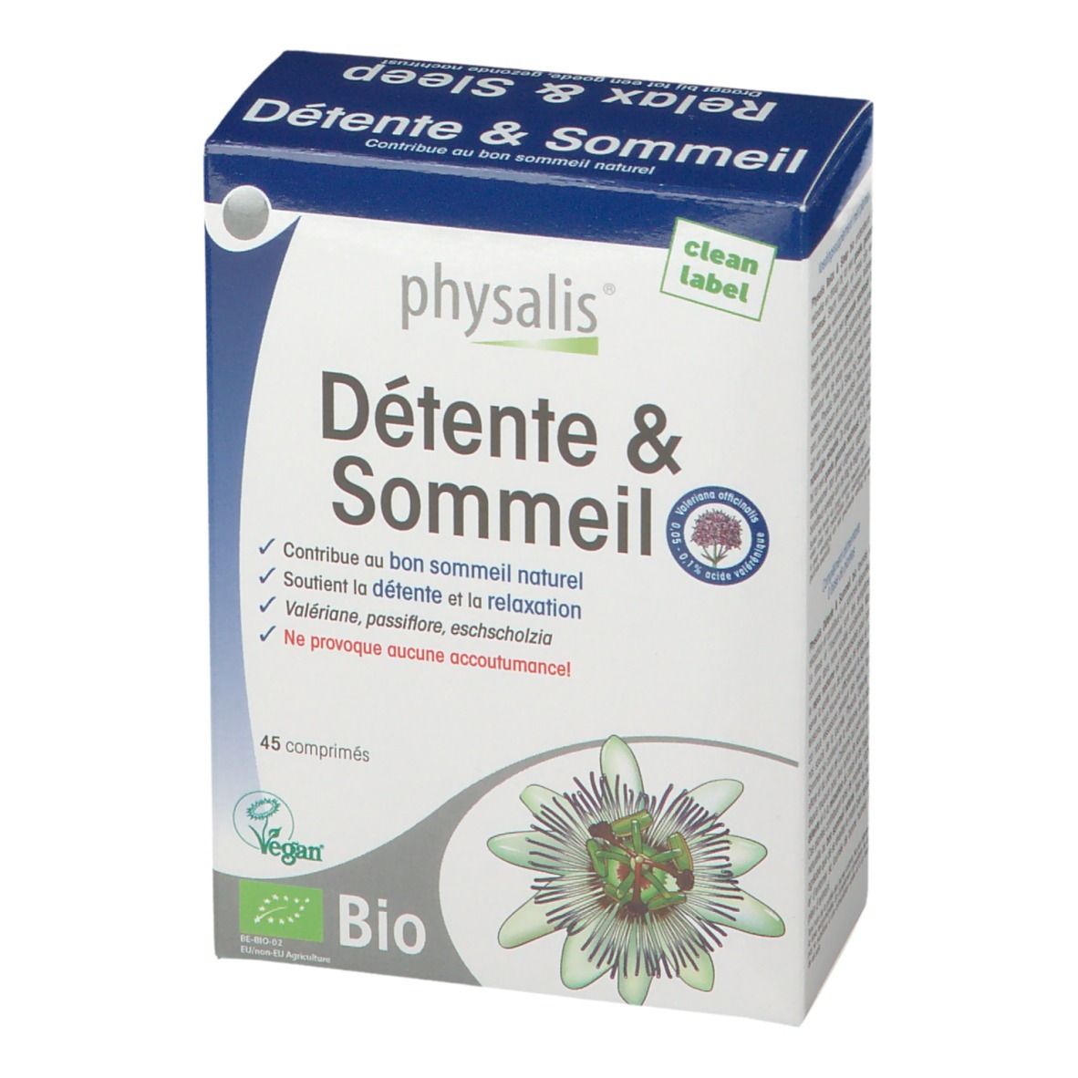 Boîte "Détente & Sommeil". Contient 45 comprimés. Logos Bio et Vegan. Ingrédients : valériane, passiflore, eschscholtzia. Marque Physalis.