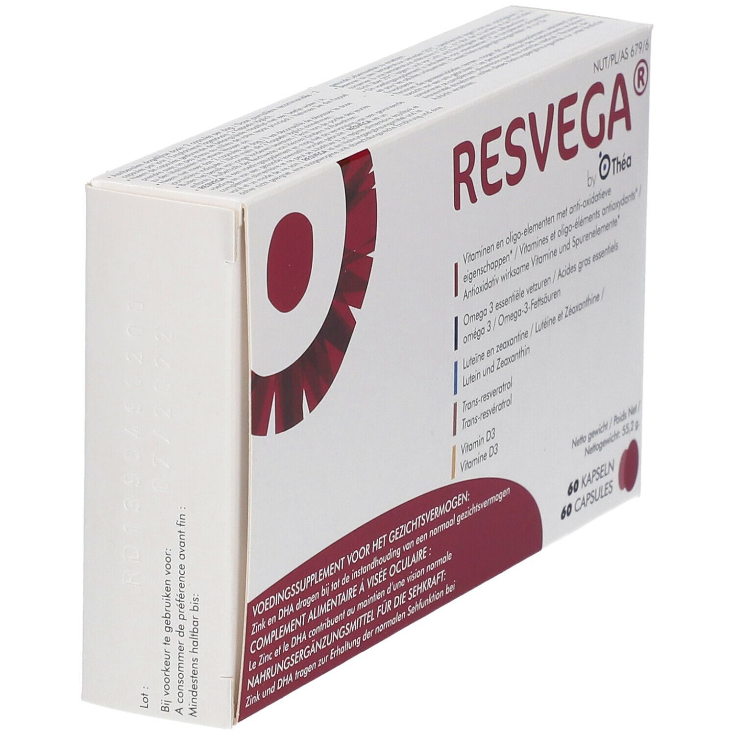 Zijaanzicht van RESVEGA®-verpakking. Witte doos met rood ontwerp. Bevat 60 capsules. Tekst: Vitaminen, Omega 3, Luteïne, Zink, DHA.