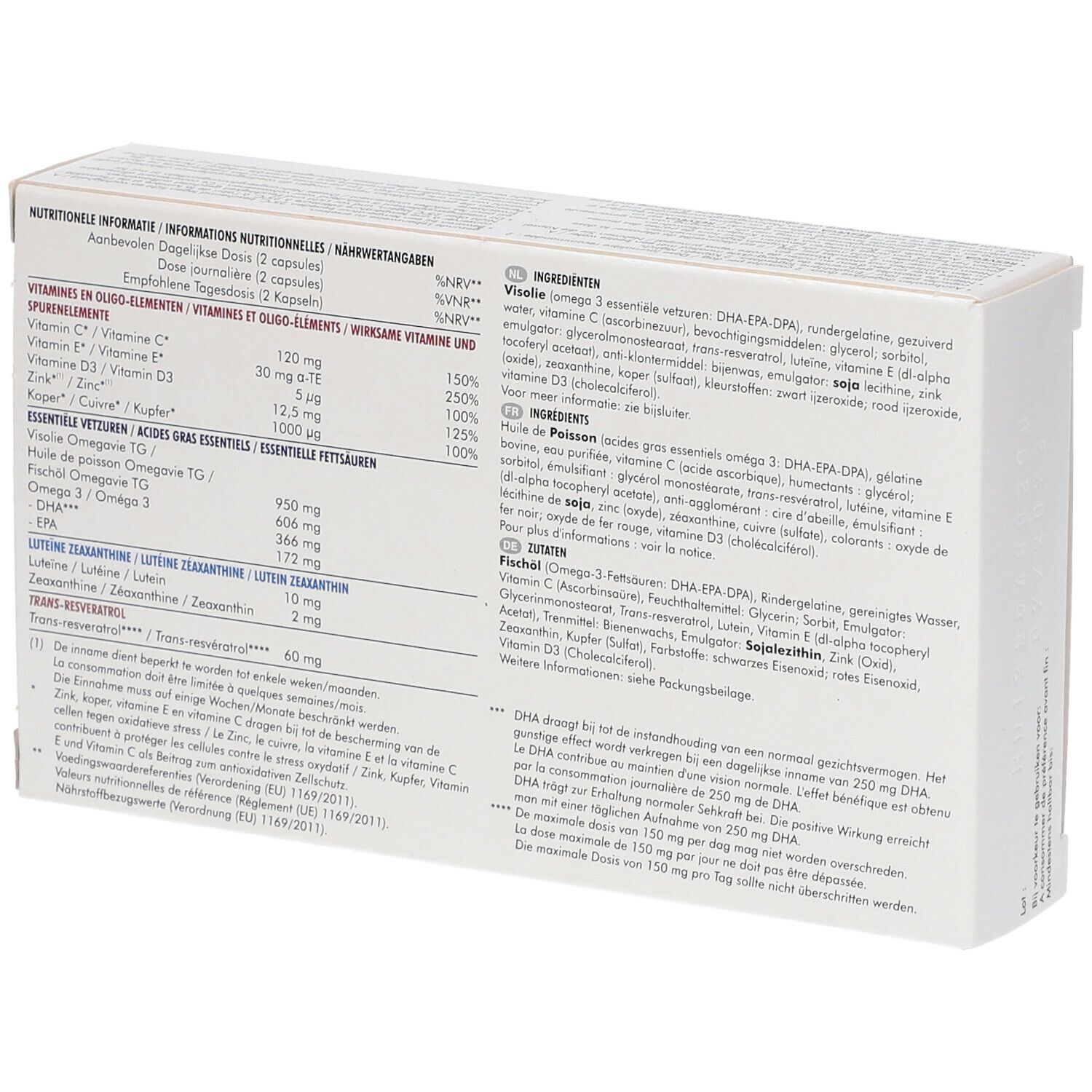 Achterkant van RESVEGA®-verpakking. Bevat informatie over ingrediënten en voedingswaarde. Tekst: Vitaminen, Omega 3, Luteïne, Zink, DHA.
