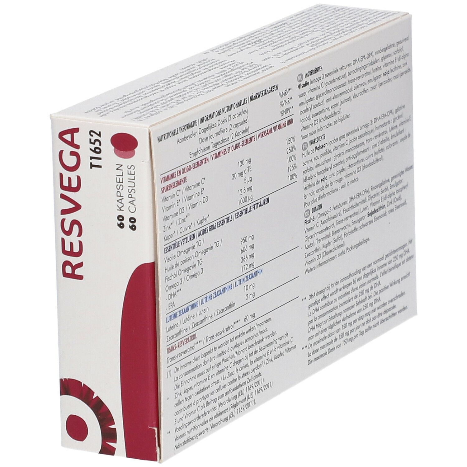 Schuine weergave van RESVEGA®-verpakking. Bevat 60 capsules. Tekst: Vitaminen, Omega 3, Luteïne, Zink, DHA. Informatie over ingrediënten.