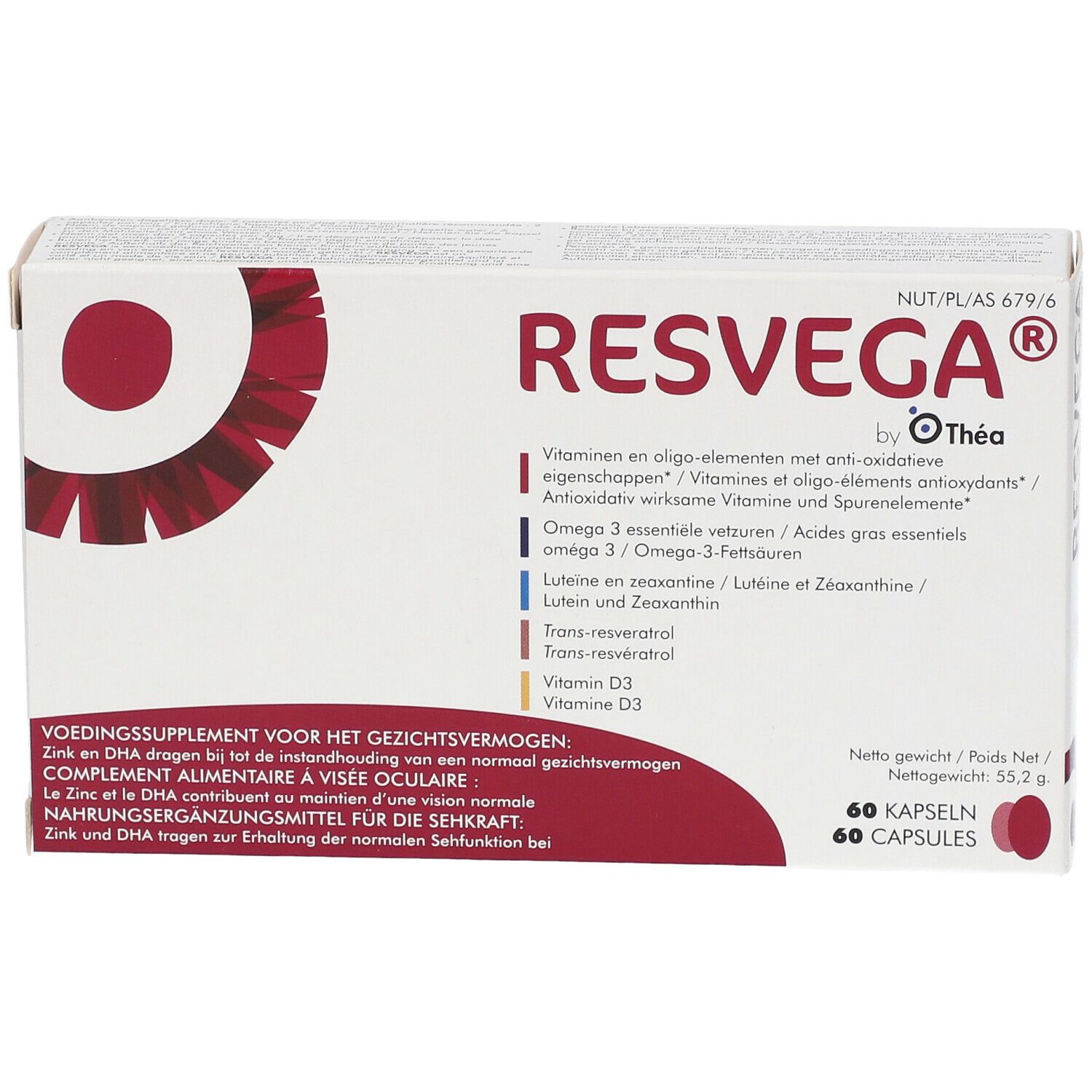 RESVEGA®-verpakking. Witte doos met rood ontwerp. Bevat 60 capsules. Tekst: Vitaminen, Omega 3, Luteïne, Zink, DHA.