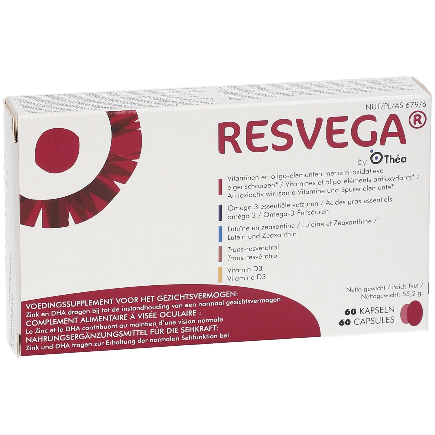 RESVEGA®-verpakking. Witte doos met rood ontwerp. Bevat 60 capsules. Tekst: Vitaminen, Omega 3, Luteïne, Zink, DHA.